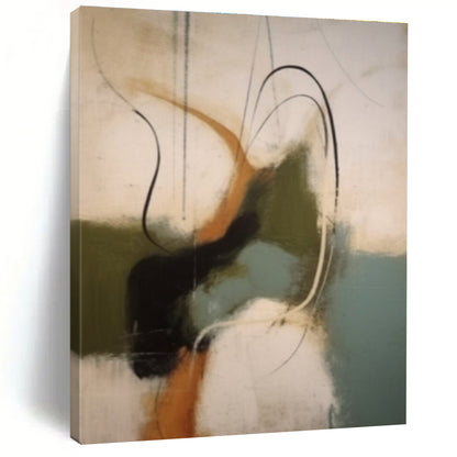 Modern Art Acrylic in Black, White, Brown, Green, and Teal Abstract Movement Shapes Painting PT267