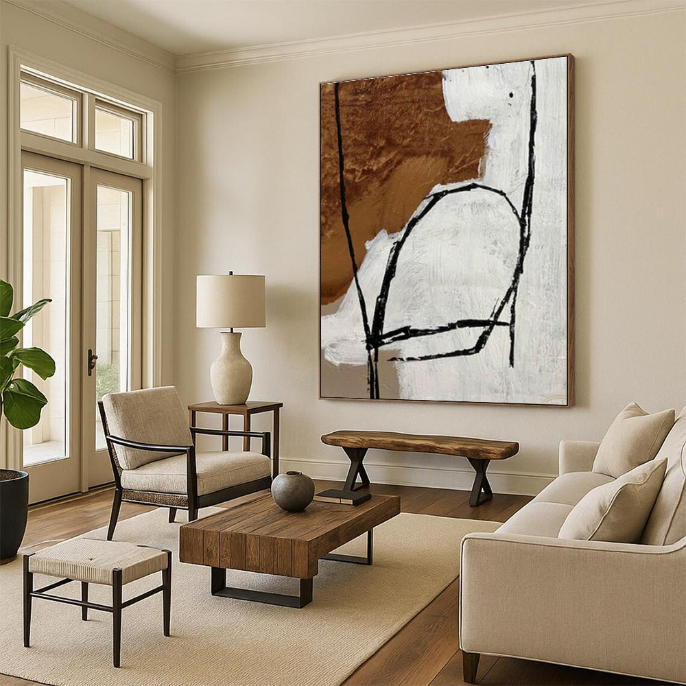 Handmade Art Black, White, and Brown Linear Abstract Art PT687