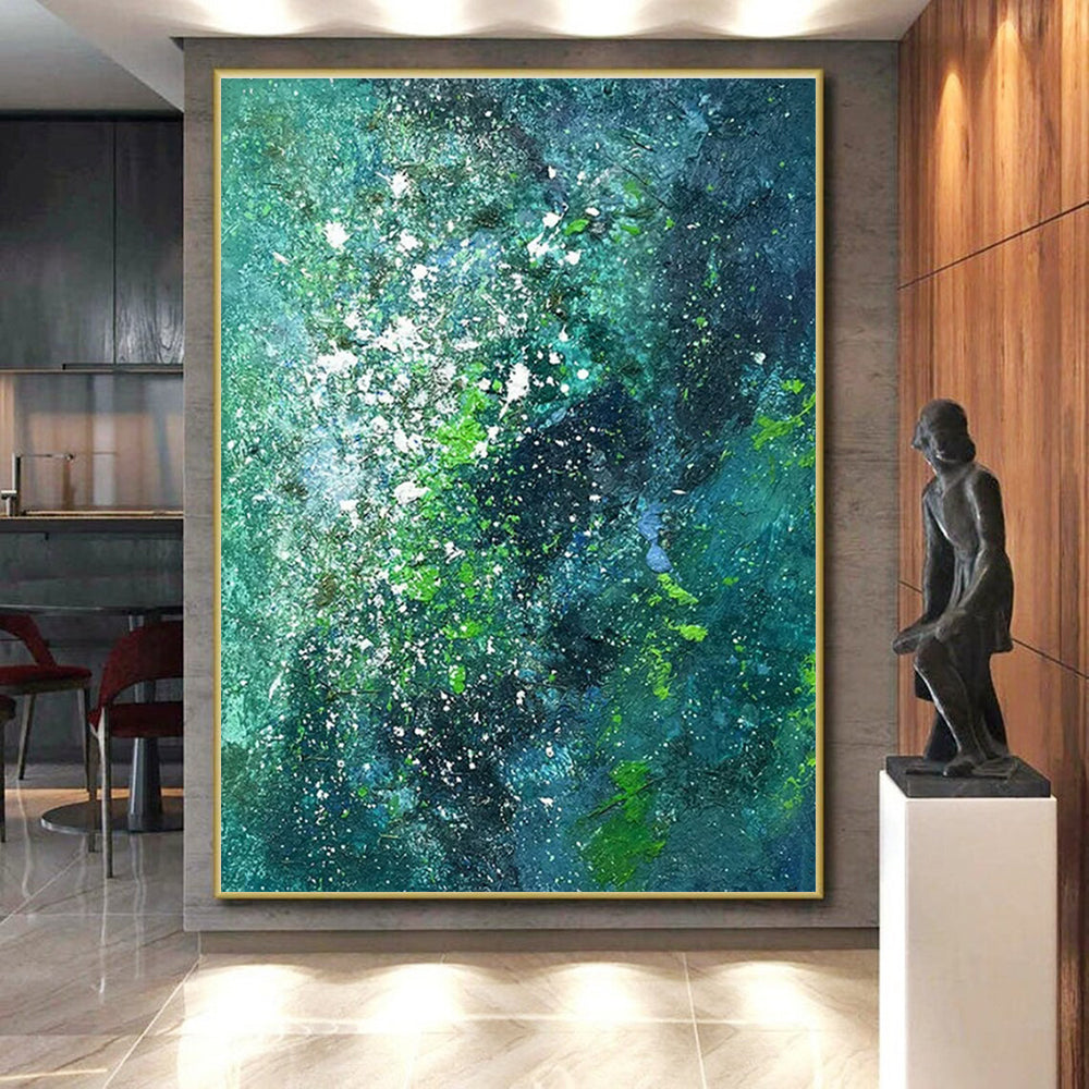 Large Contemporary Wall Art - Teal & Green Splattered Abstract Art PT568
