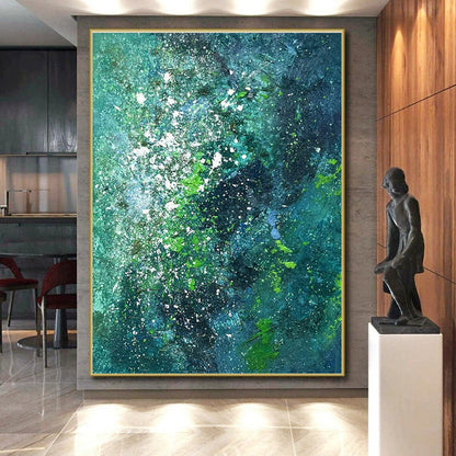 Large Contemporary Wall Art - Teal & Green Splattered Abstract Art PT568