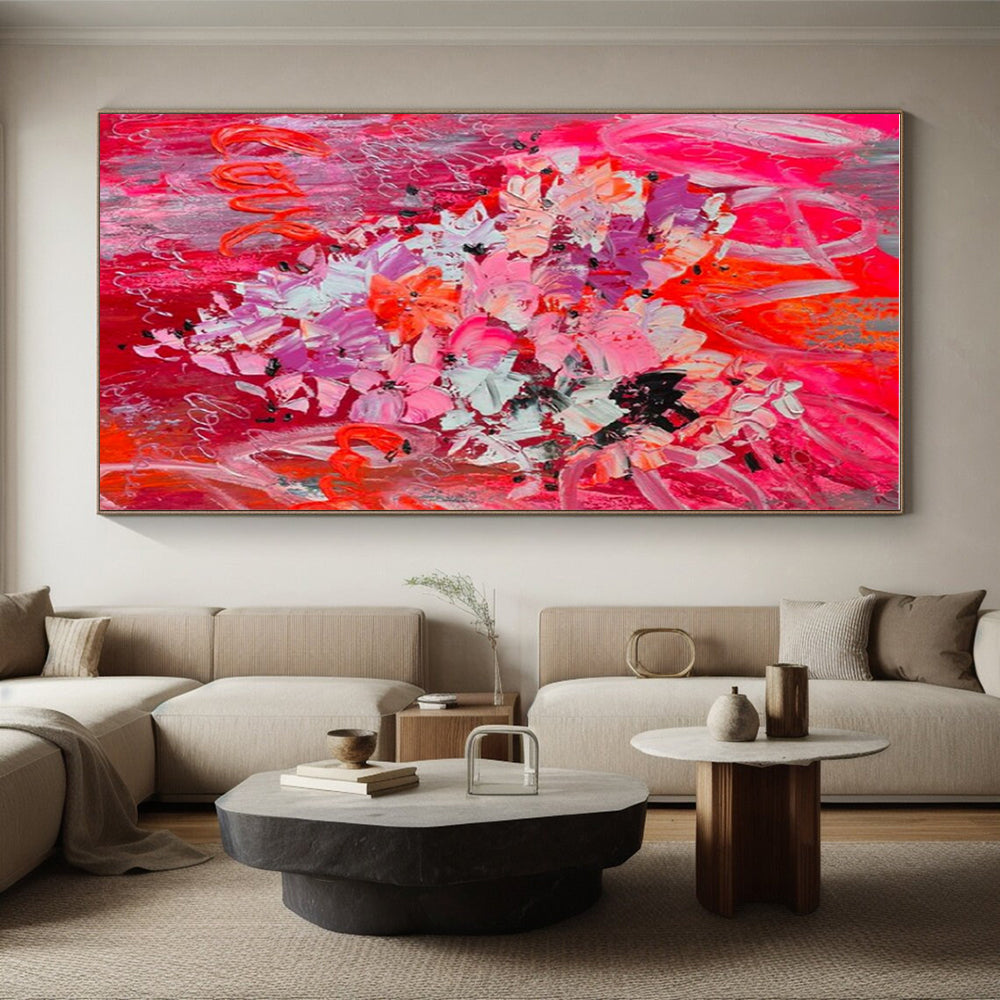 Large Size Red, Pink, and Gray Floral Abstract Art PT719