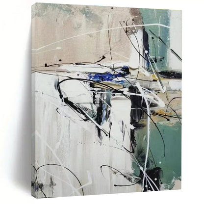 Hand Painting White, Black, Green, and Blue Dynamic Abstract Art PT801