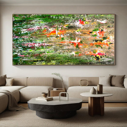 Hand Painting Green, Orange, and Pink Floral Abstract Art PT731