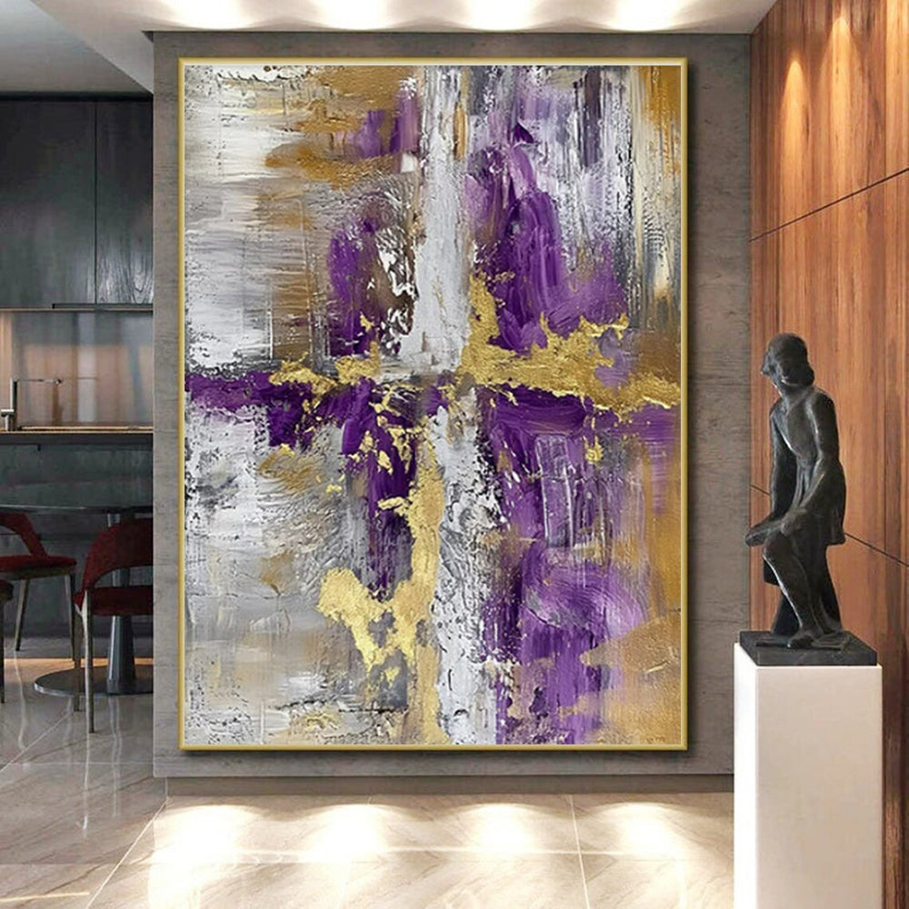 Hand Painted Art - Purple, Gold & Gray Geometric Abstract Art with Textured Details PT593