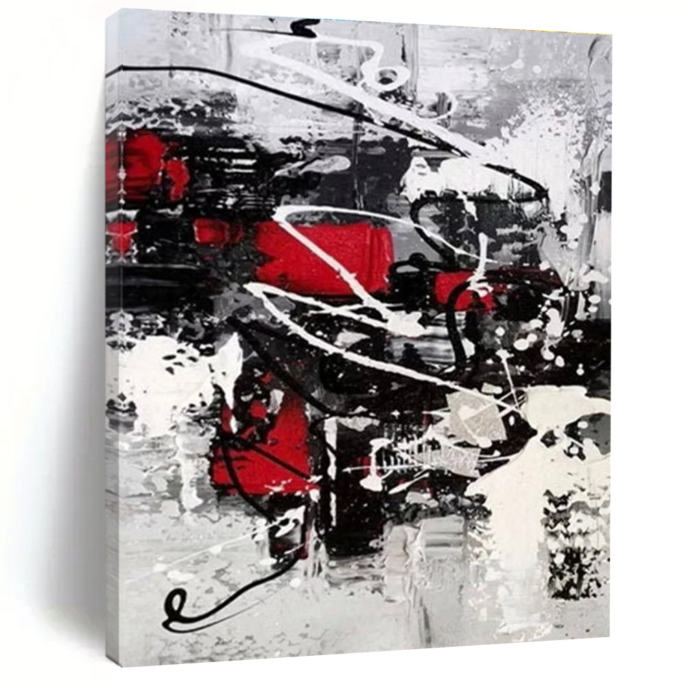 Cool Abstract Paintings in Red, Black, White, and Grey Abstract Splatters and Lines Painting PT270