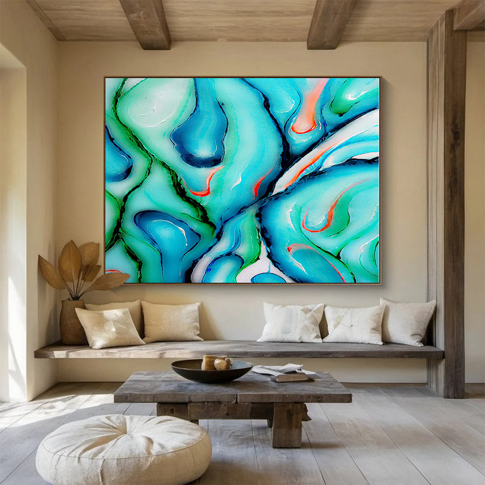 Cool Abstract Paintings Turquoise, Green & Red Fluid Abstract Art HPS159