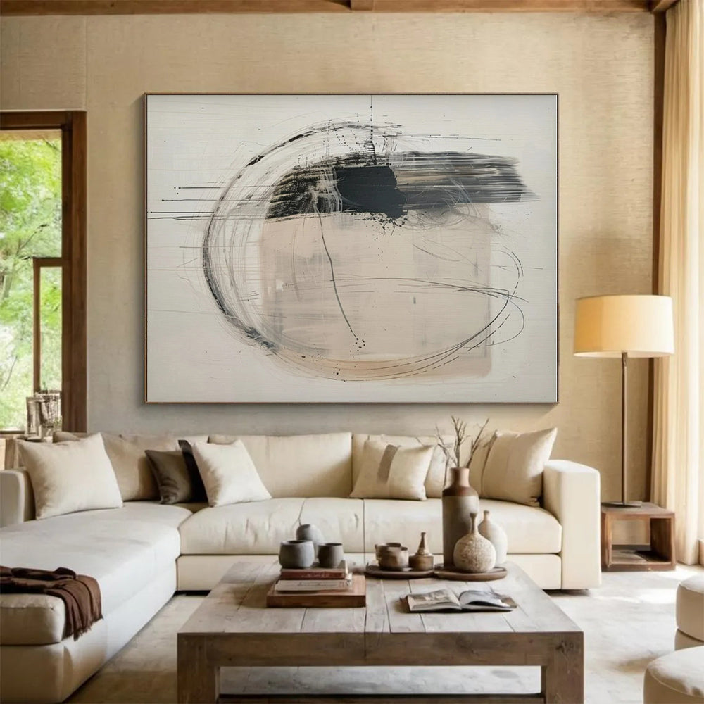 Hand Painting Black and Beige Circular Lines Abstract Acrylic Art PT621