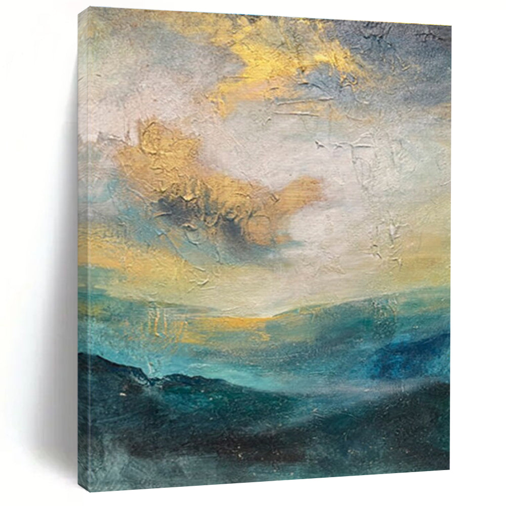 Hand Painting Teal, Gold, and Gray Landscape-Inspired Abstract Art PT651
