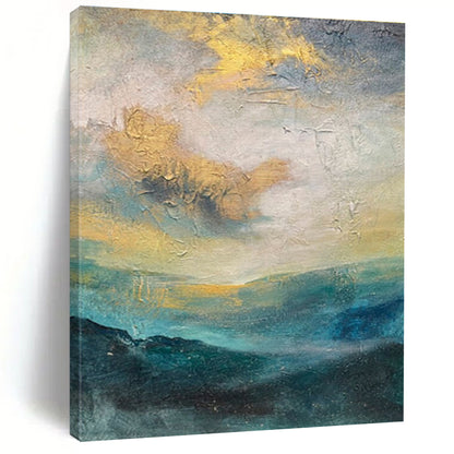 Hand Painting Teal, Gold, and Gray Landscape-Inspired Abstract Art PT651