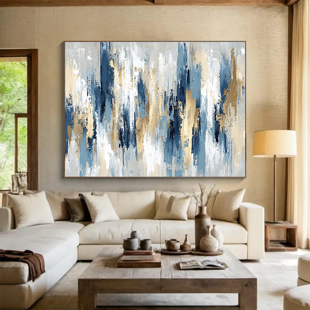 Oversized Abstract Wall Art Blue, Gold, Gray & White Textured Abstract Painting HPS294