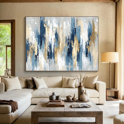 Oversized Abstract Wall Art Blue, Gold, Gray & White Textured Abstract Painting HPS294