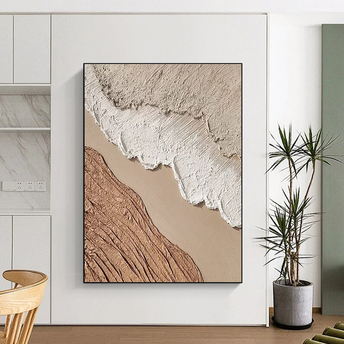 Handmade Art Beige, Brown and White Textured Abstract Landscape, Large Contemporary Wall Art PT553