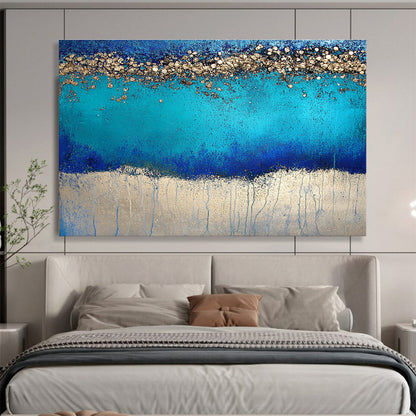 Large Size Blue and Gold Textured Abstract Coastal Art HPS324