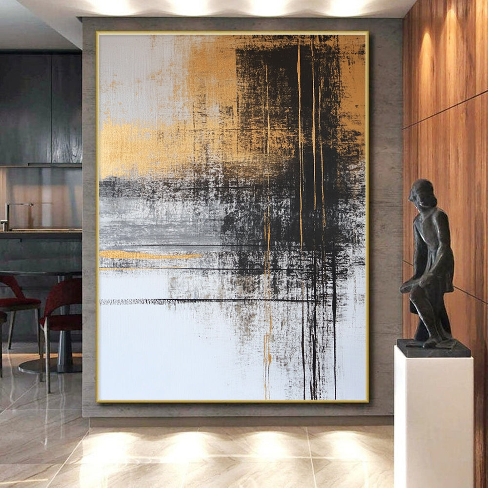 Original Large Abstract Paintings For Sale With Gold, Black, Gray Abstract Brushstrokes On Canvas PT182