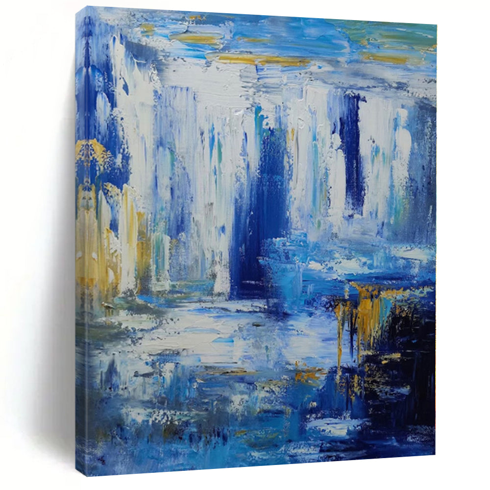 Unique Abstract Art Blue, White & Gold Textured Waterfall Abstract Painting On Canvas PT065