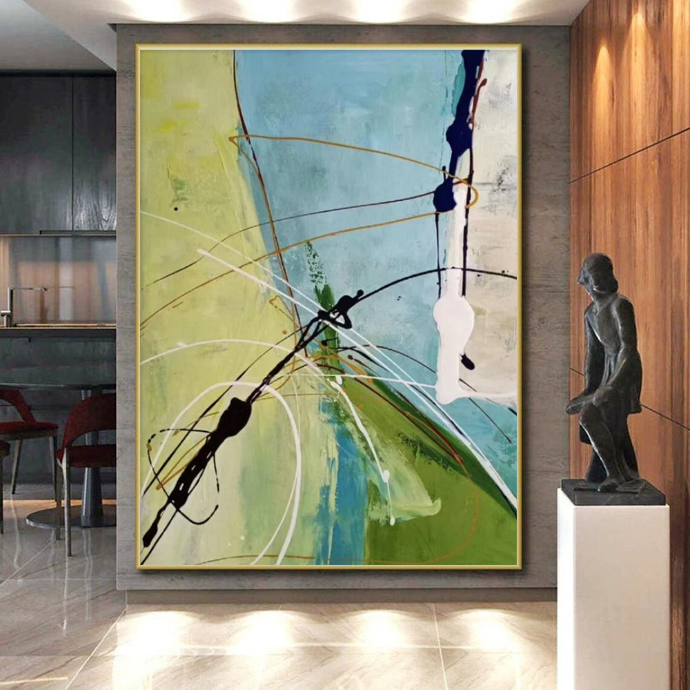 Hand-Painted Green, Blue, and Black Dynamic Abstract Art PT797