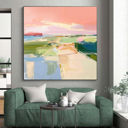 Acrylic Modern Art Paintings - Pastel Pink, Green & Blue Abstract Landscape-Inspired Art PT562