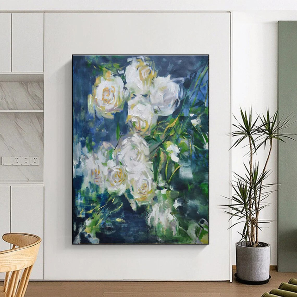 Impressionistic Floral Art - White Roses & Green Leaves Abstract Floral Painting PT608