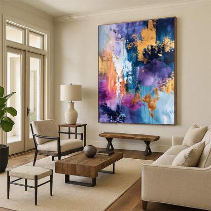 Oversized Abstract Wall Art in Purple, Blue, Pink, Orange, and Gold Textural Abstract Compositions PT255