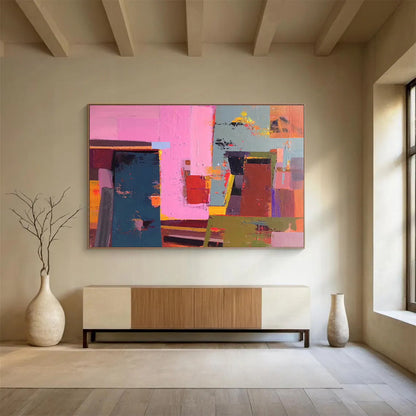 Acrylic Modern Art Paintings Pink, Teal & Brown Abstract Geometric Art HPS165
