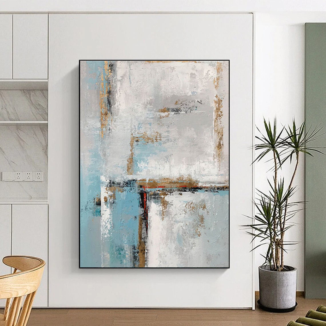 Large Painting In Living Room Blue Gray Gold Textured Abstract Art PT427