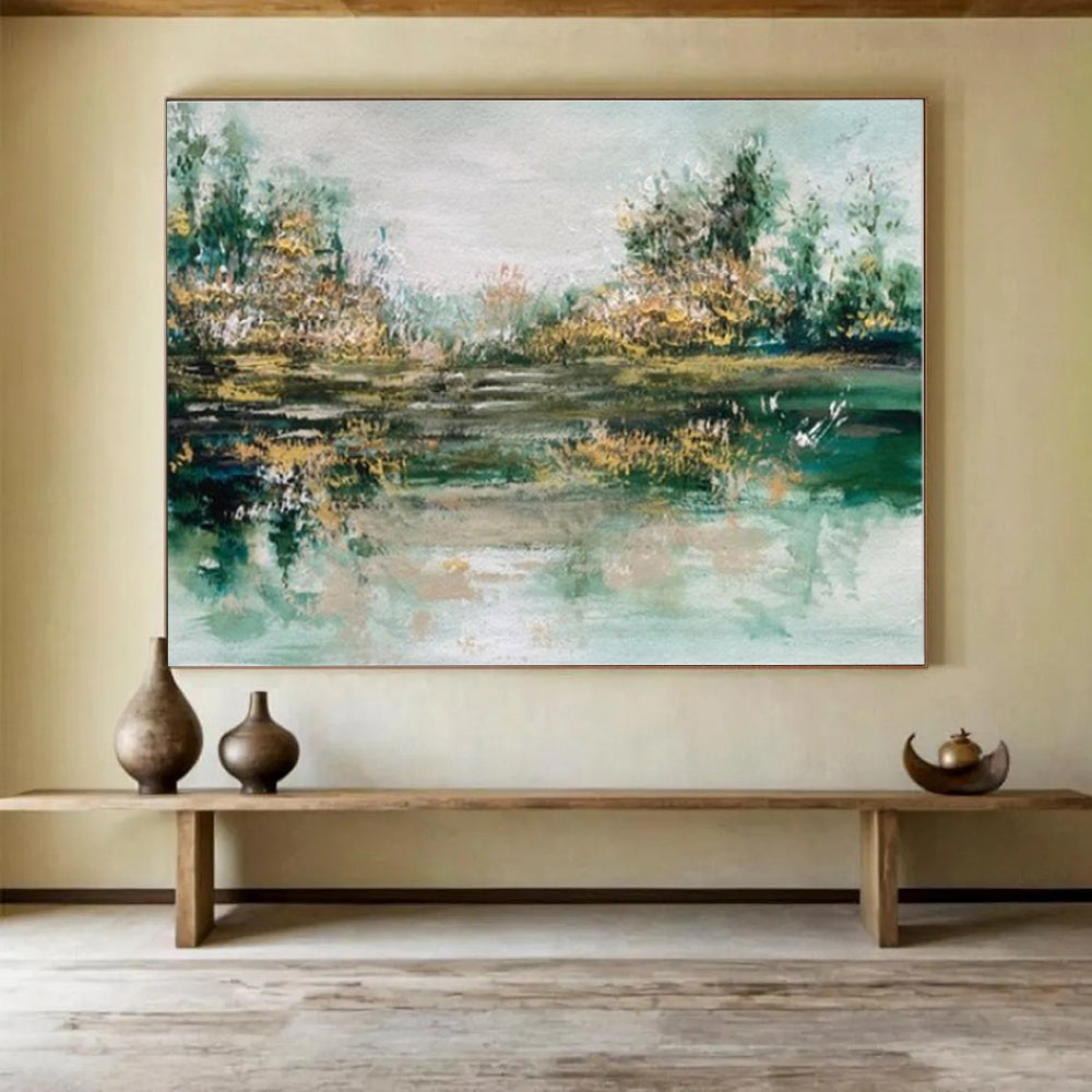 Large Contemporary Wall Art Green and Beige Abstract Lake Landscape Art HPS346