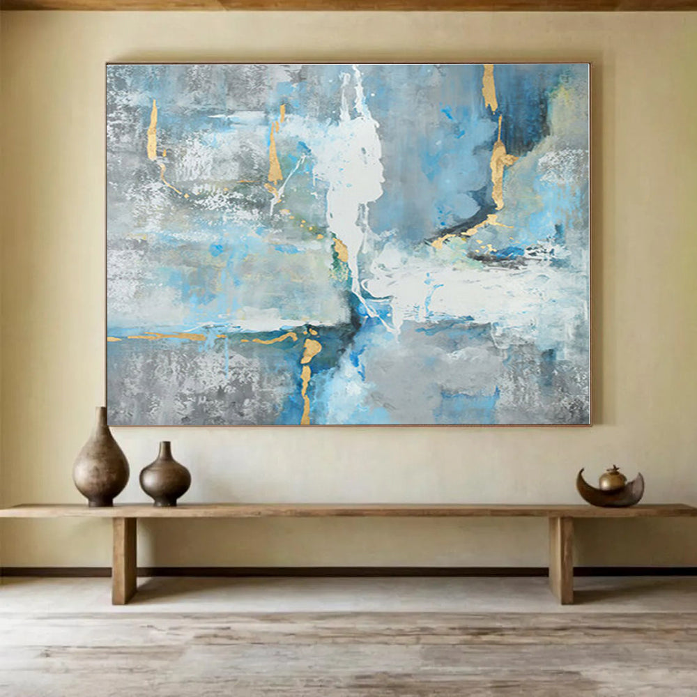 Acrylic Modern Art Paintings Blue, Gray & Gold Textured Abstract Painting On Canvas HPS132