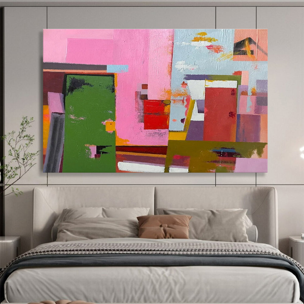 Acrylic Modern Art Paintings Pink, Green & Red Abstract Geometric Art HPS173