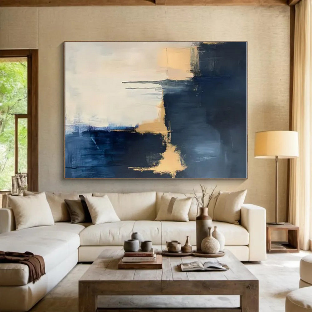 Modern Art Acrylic Navy, Beige, and Gold Textured Abstract Art PT748