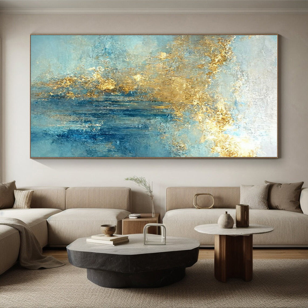 Large Size Blue and Gold Abstract Art with Flowing Textures PT227