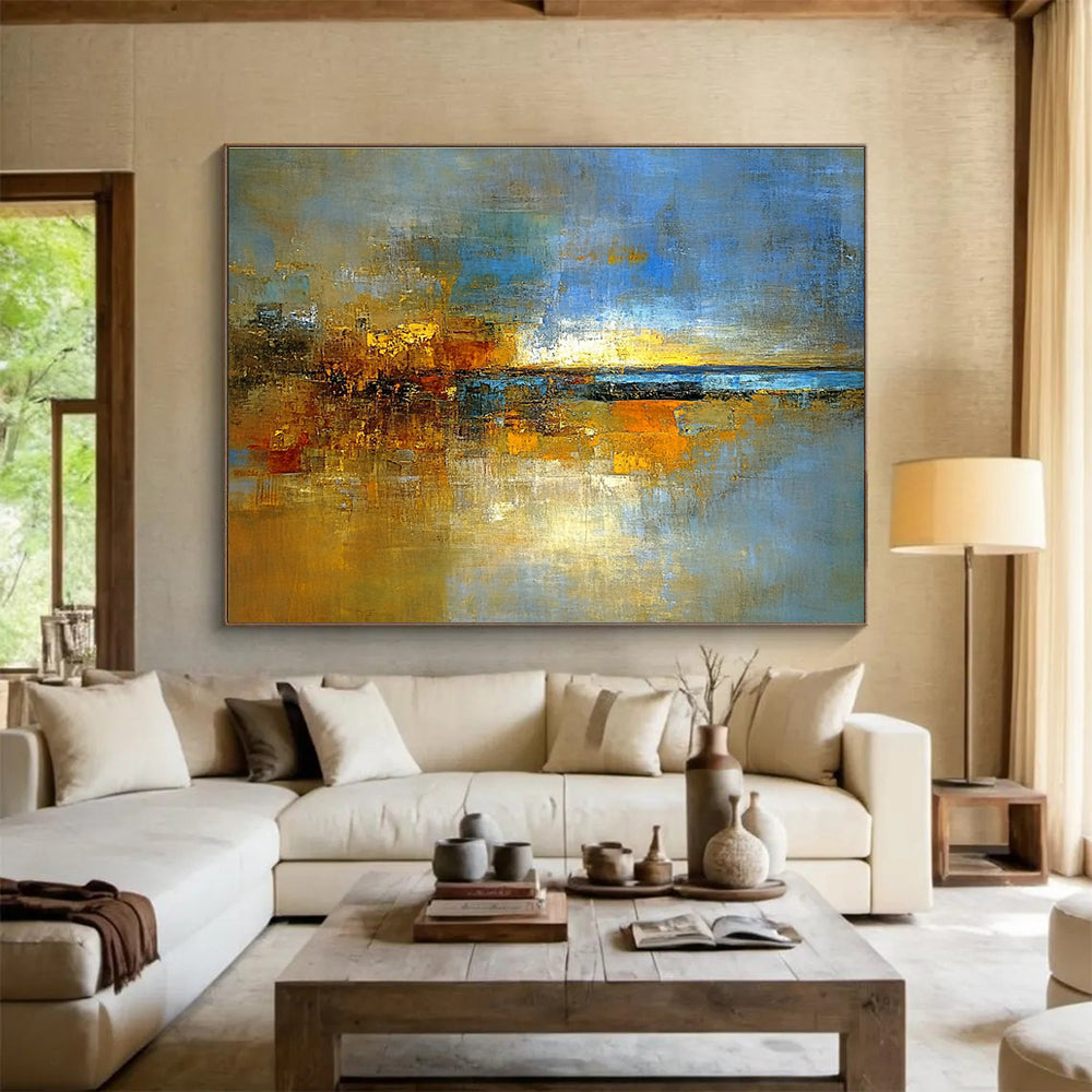 Hand-Painted Blue, Gold & Brown Textured Landscape Abstract Painting HPS271