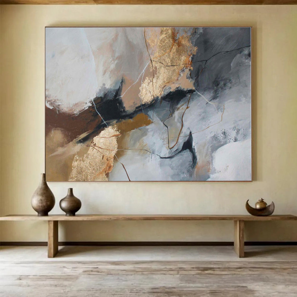 Large Size Gray, Gold & Black Textured Abstract On Canvas HPS046