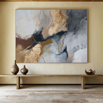 Large Size Gray, Gold & Black Textured Abstract On Canvas HPS046