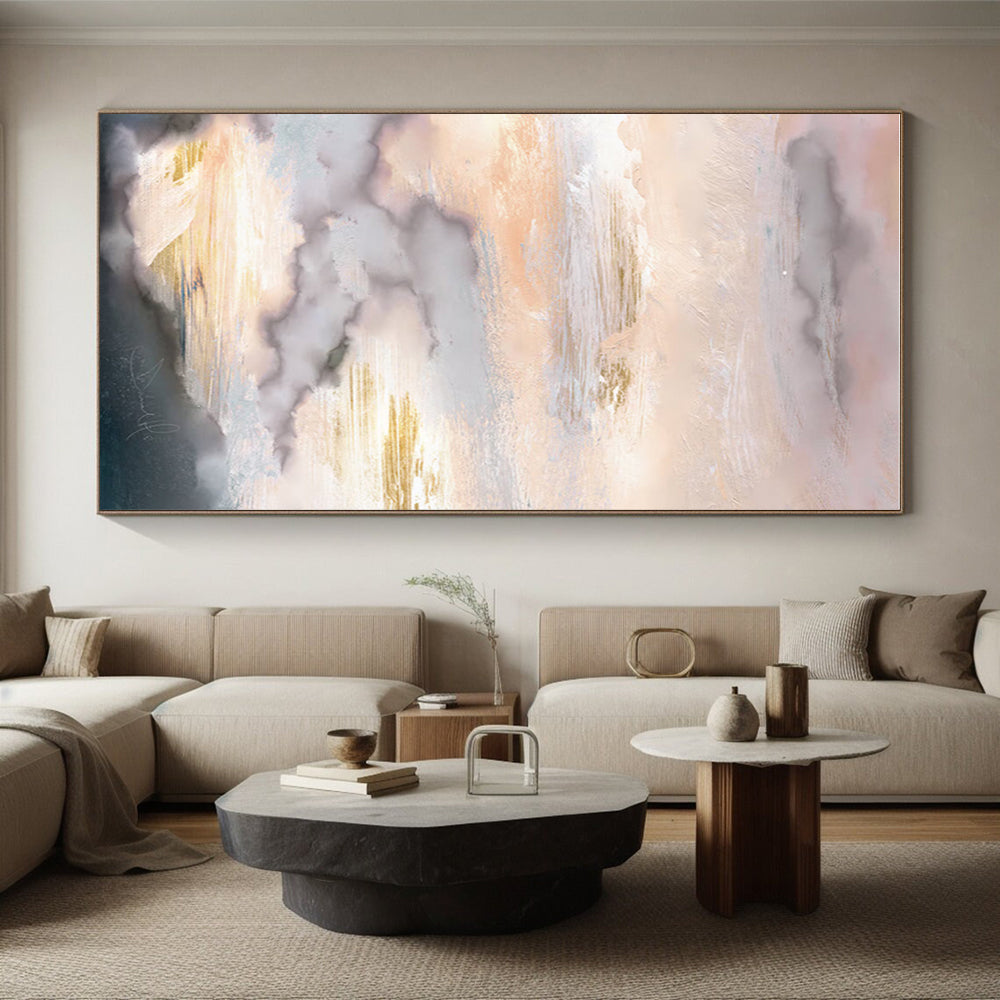 Hand-Painted Pink, Beige, Grey, and Gold Abstract Cloudscape Art PT241