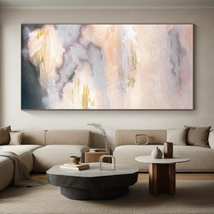 Hand-Painted Pink, Beige, Grey, and Gold Abstract Cloudscape Art PT241
