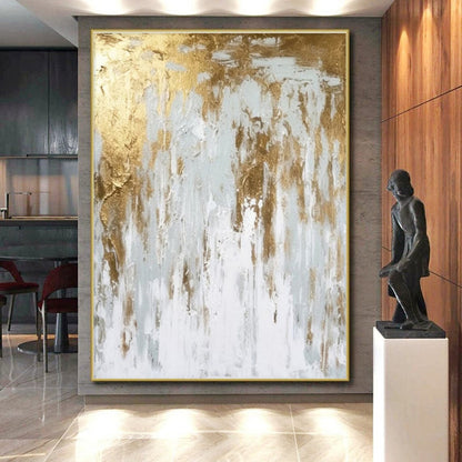 Hand-Painted Gold and White Textured Abstract Art PT666