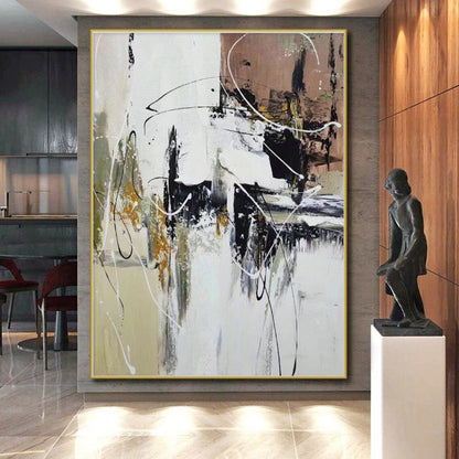 Cool Abstract Paintings Black White Beige Dynamic Abstract Acrylic Art PT348