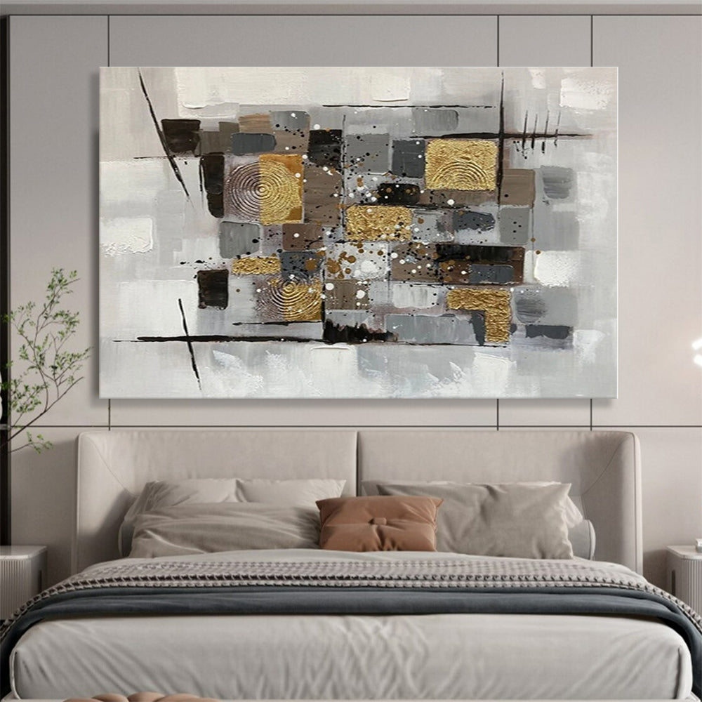 Hand-Painted Gray, Gold & Black Geometric Abstract Painting On Canvas HPS091