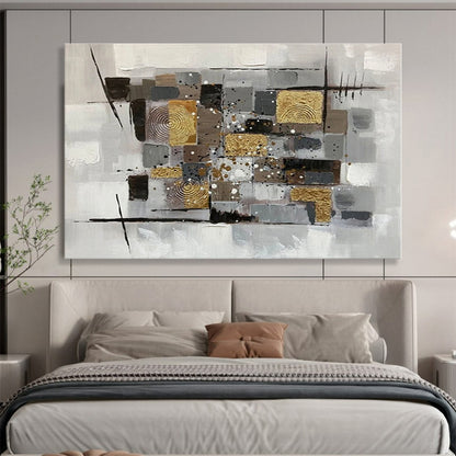 Hand-Painted Gray, Gold & Black Geometric Abstract Painting On Canvas HPS091