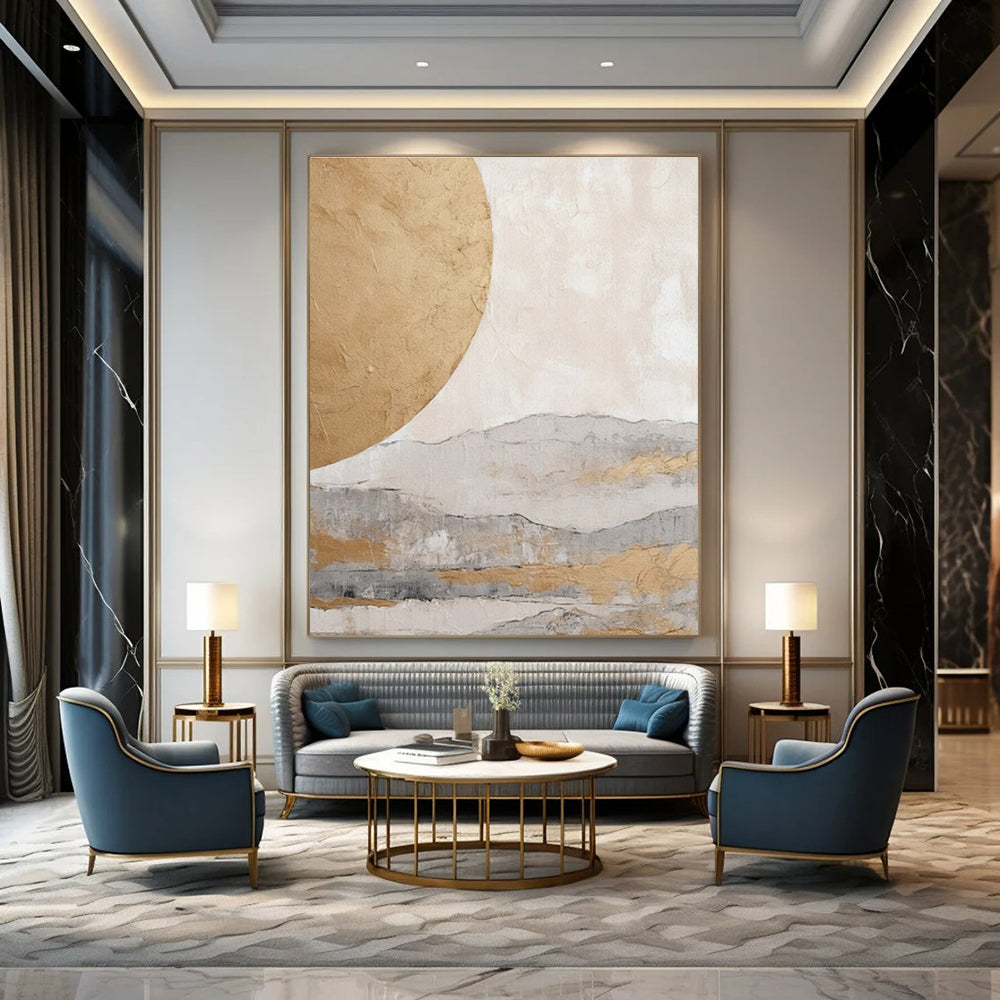 Hand-Painted Beige & Gray Abstract Landscape with Golden Circle, Acrylic Modern Art Painting DPS486