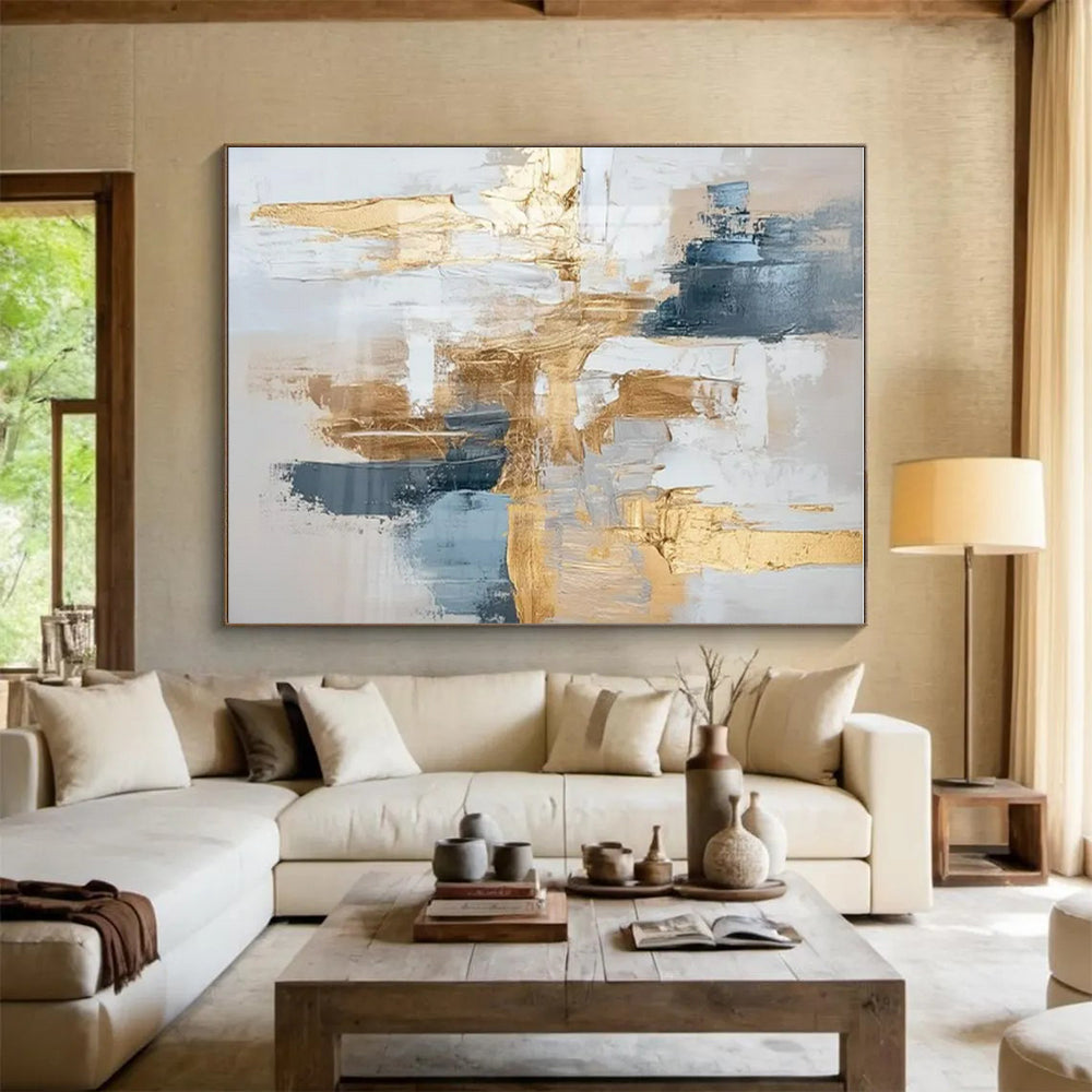 Acrylic Modern Art Paintings Gold, Blue, and White Textured Abstract Art PT732