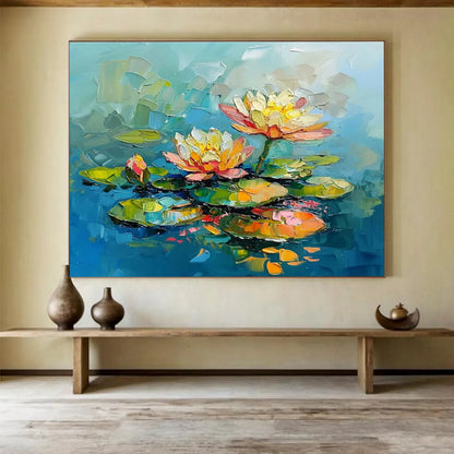 Hand Painting Blue, Pink & Yellow Abstract Water Lily Art HPS205