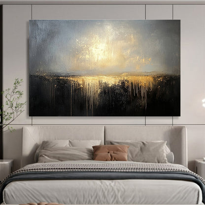 Modern Art Acrylic Gray, Gold & Black Textured Landscape Abstract Painting HPS269