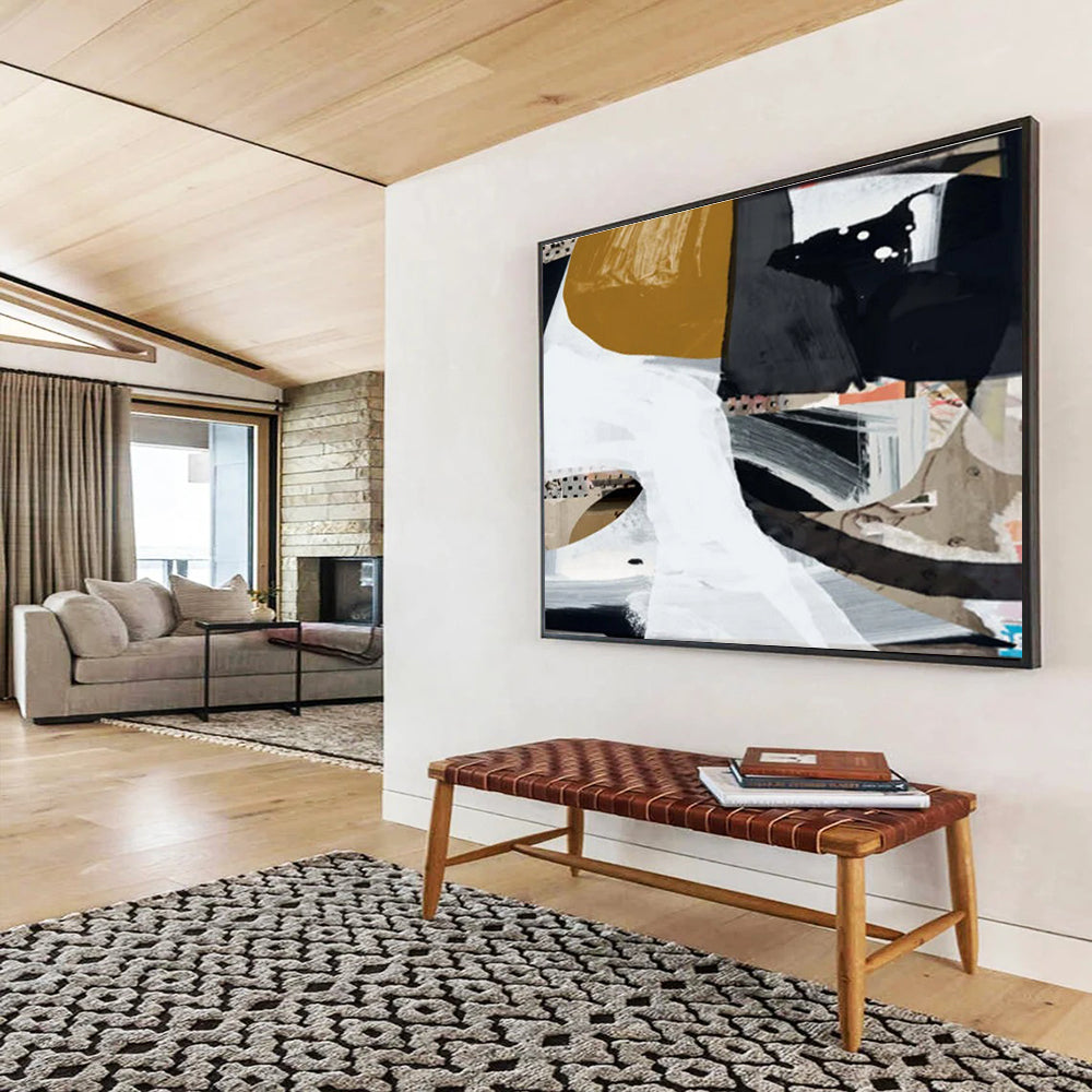 Large Contemporary Wall Art Black, White & Gold Abstract Collage Art HPS216