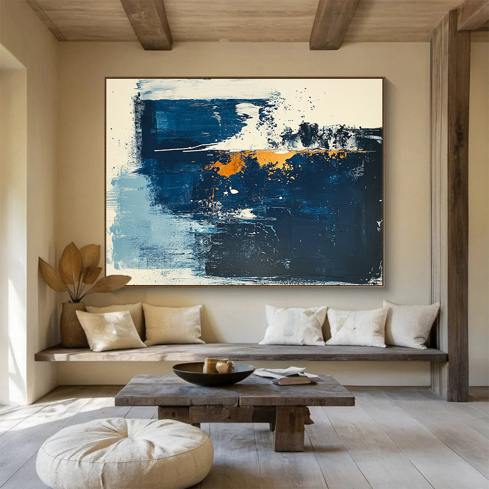 Large Painting In Living Room Blue, Orange, and White Abstract Expressionist Art HPS325