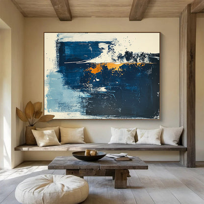 Large Painting In Living Room Blue, Orange, and White Abstract Expressionist Art HPS325