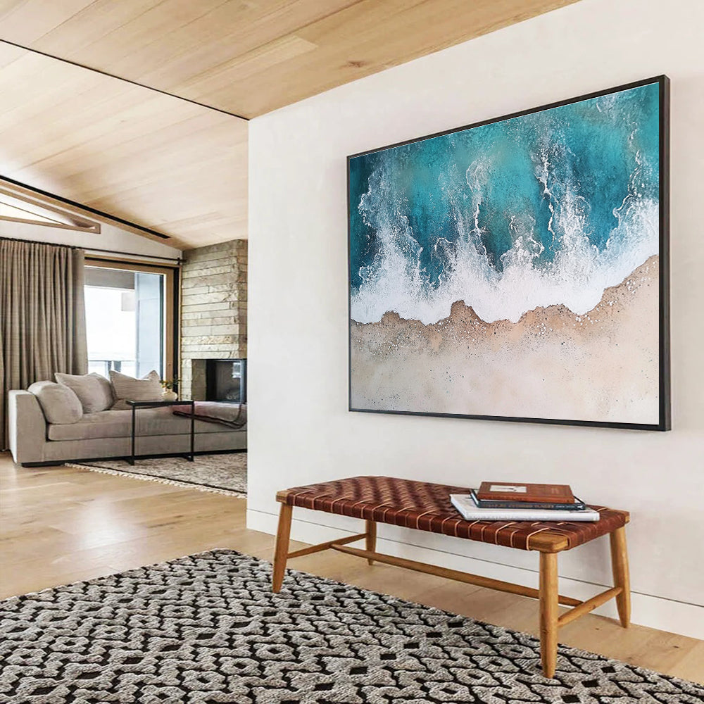 Unique Abstract Art Teal, White & Beige Textured Coastal Abstract Painting HPS290