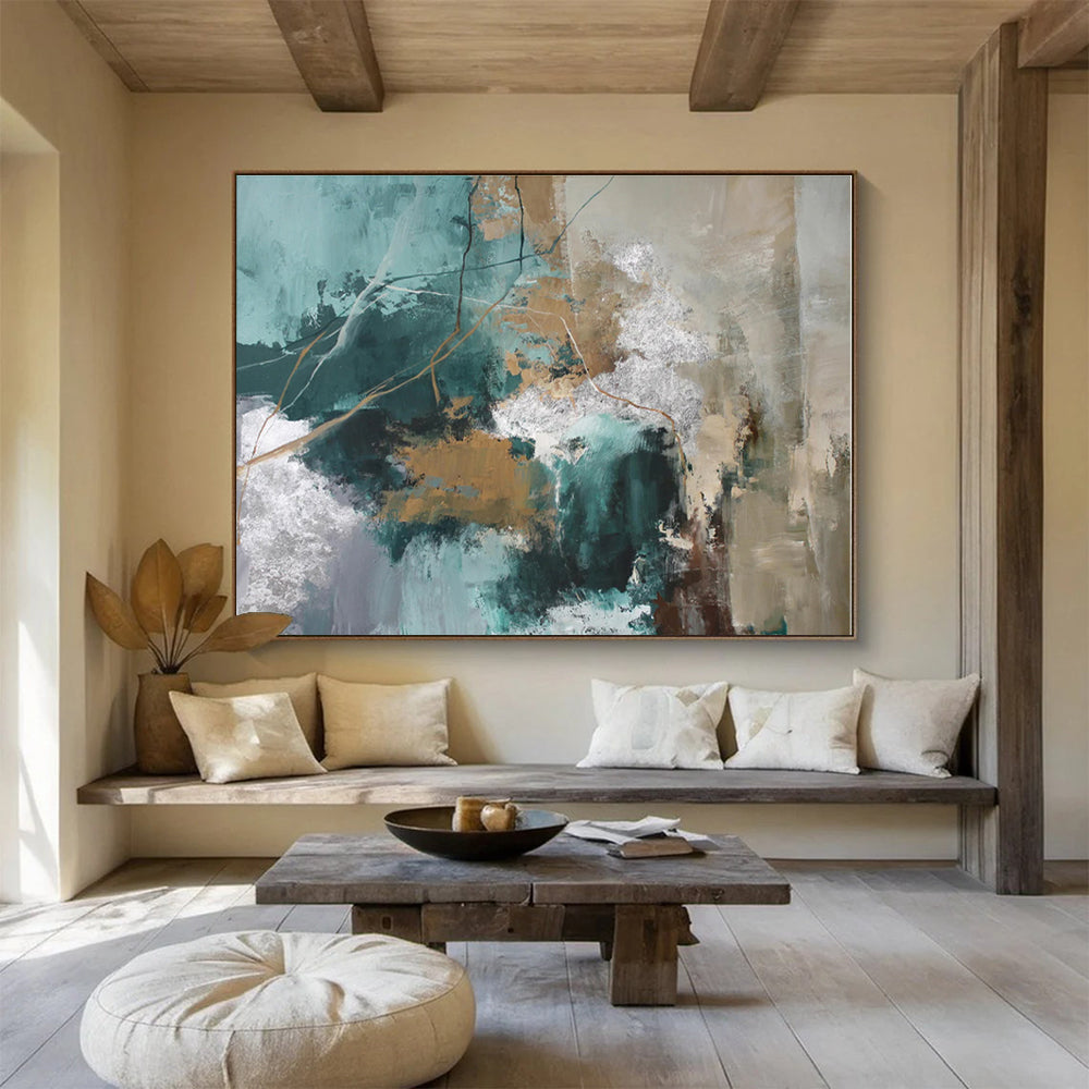 Cool Abstract Paintings Teal, Gold & Silver Textured Abstract Painting On Canvas HPS114