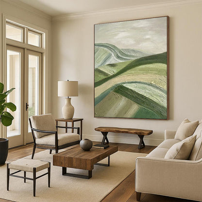 Large Size Green & Beige Abstract Rolling Hills, Large Contemporary Wall Art DPS505