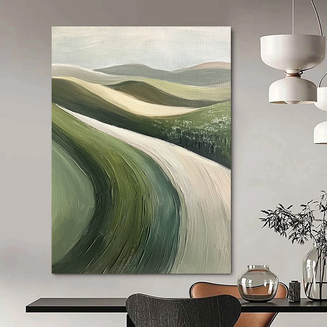 Minimalist Canvas Art Green and Beige Abstract Rolling Hills Painting DPS438